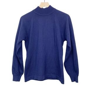 Vintage Mock Neck Sweater Merino Wool Size Small Blue Button Neck Balloon Sleeve